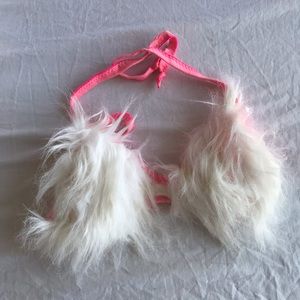White and Pink Furry Costume Bra